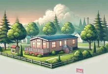 "A used mobile home for sale, located in a quiet neighborhood with trees and greenery. The home features a clean porch, windows, and a garden area, creating a welcoming and peaceful atmosphere."