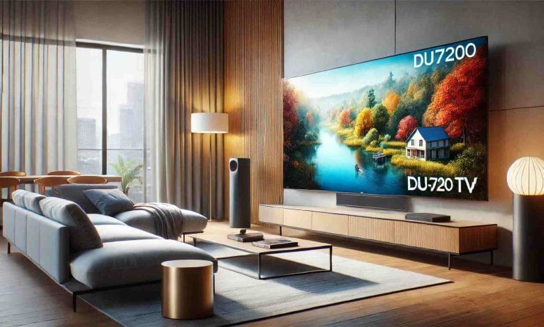 "A modern living room with the Samsung DU7200 TV mounted on the wall. The TV displays vibrant picture quality, and the room is furnished with a comfortable sofa and coffee table, creating a cozy and contemporary atmosphere."