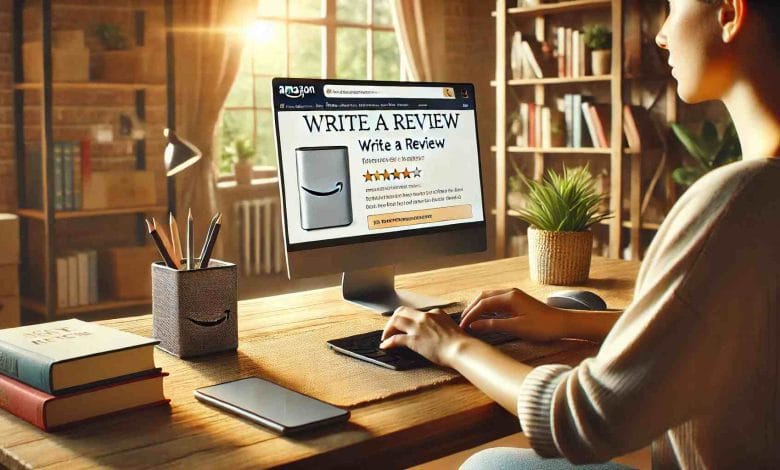 "A person sitting at a desk, typing a detailed product review on Amazon. The screen shows the 'Write a Review' section, with a warm, inviting home office setting in the background."