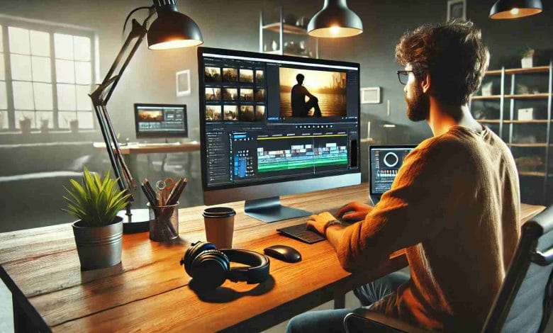 "A content creator sitting at a desk, editing a video on a computer. The screen displays a video editing software interface with timeline, clips, and effects. The workspace is well-lit, featuring a modern desk, a laptop, headphones, and a cup of coffee."