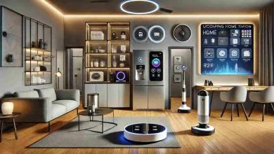 A modern smart home featuring various upcoming home automation gadgets, such as a smart fridge with a touchscreen, a robot vacuum cleaner in motion, voice-controlled furniture like a smart chair and desk, and a smart security system with facial recognition cameras, all set in a sleek, minimalist, and well-lit living room or kitchen space.