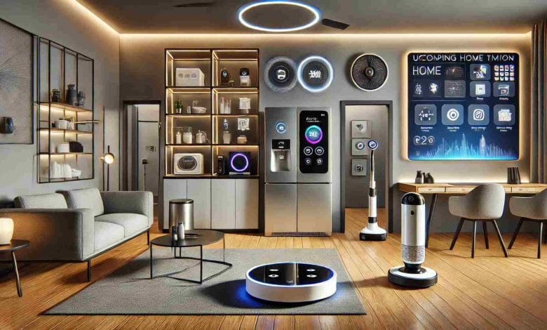 A modern smart home featuring various upcoming home automation gadgets, such as a smart fridge with a touchscreen, a robot vacuum cleaner in motion, voice-controlled furniture like a smart chair and desk, and a smart security system with facial recognition cameras, all set in a sleek, minimalist, and well-lit living room or kitchen space.