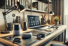 A luxurious student study setup featuring high-end tech gadgets such as a laptop, smart speaker, wearable fitness tracker, smart glasses, and a wireless charging station, in a well-lit, stylish workspace with bookshelves and plants.