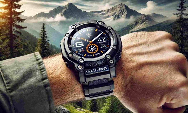 A rugged smart armor watch on a wrist, set in a mountainous landscape with trees and rocky terrain. The watch features a durable, shock-resistant body and an adaptive screen displaying navigation or compass functions.