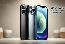 Apple iPhone 12 Pro Unlocked with a 6.1-inch Super Retina XDR display, stainless steel sides, and a triple-camera system, shown on a clean, minimalist background.