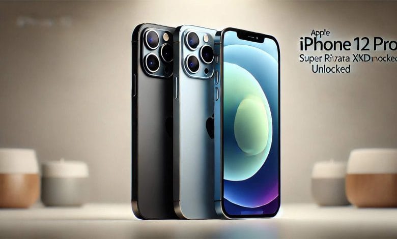 Apple iPhone 12 Pro Unlocked with a 6.1-inch Super Retina XDR display, stainless steel sides, and a triple-camera system, shown on a clean, minimalist background.