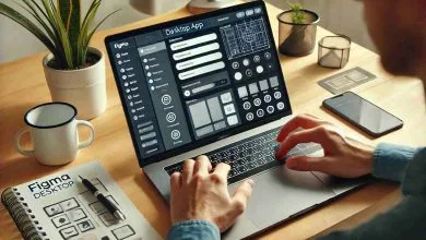 A designer using the Figma desktop app on a laptop, with a user interface design displayed on the screen. The workspace includes a clean desk setup with a coffee cup and design notebooks in the background.