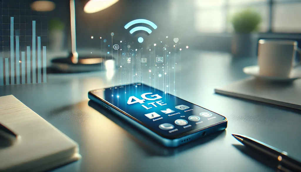 A Blue smartphone displaying a 4G LTE connection icon, placed on a modern desk with social media, browsing, and gaming icons on the screen."