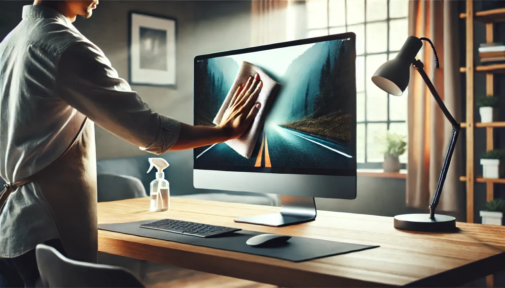 "A person cleaning a computer monitor with a microfiber cloth in a minimalist home office setting, with natural light coming from a window."