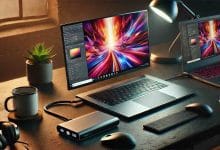 "A modern workspace featuring a laptop with a portable monitor extender connected, displaying vibrant content. The desk includes a gaming mouse, keyboard, and coffee cup, with ambient lighting creating a sleek and professional atmosphere."