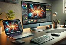 "A modern workspace featuring a MacBook Pro connected to a high-end external monitor, displaying vibrant content. The setup includes a wireless keyboard, mouse, and stylish desk accessories, with ambient lighting creating a professional and ergonomic environment."