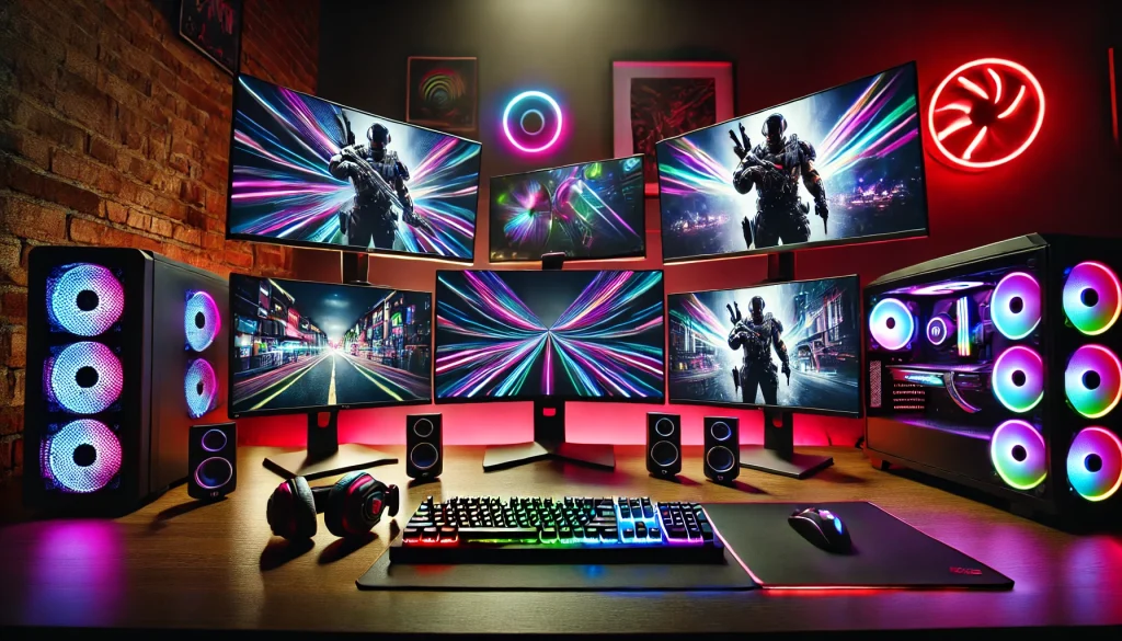 A collection of gaming monitors in a modern setup, featuring different screen sizes and curved displays, with RGB lighting in the background. The setup includes a gaming keyboard, mouse, and headphones, creating a professional, futuristic gaming atmosphere.