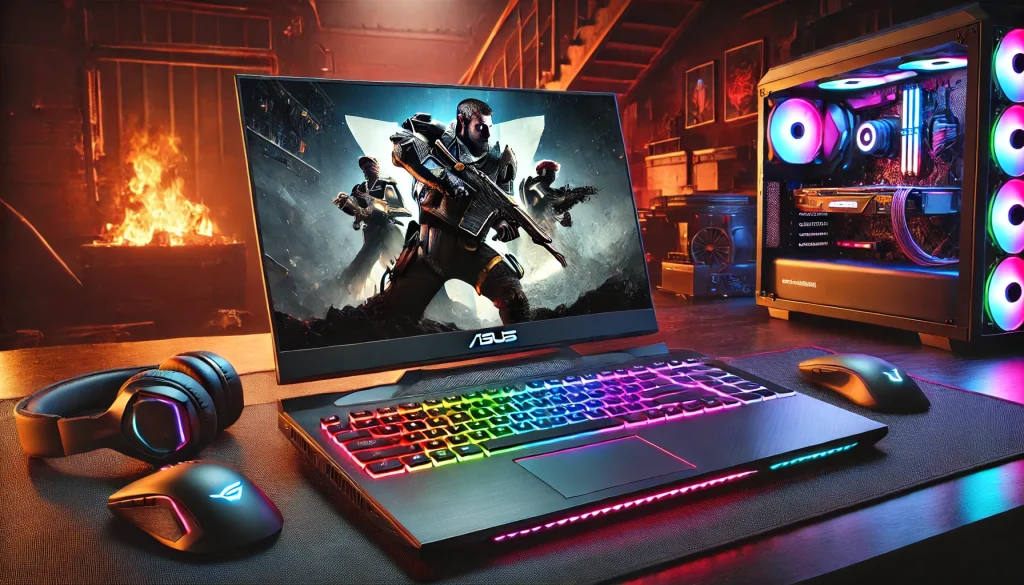 ASUS gaming laptop with RGB keyboard and high refresh rate display, placed on a gaming desk with a futuristic background.