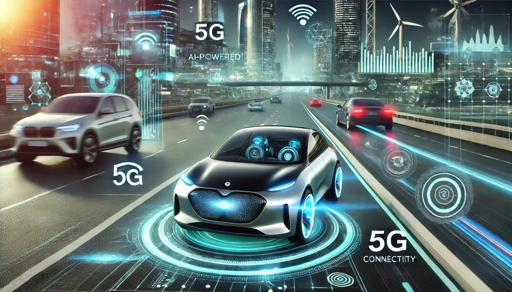 "A futuristic smart car driving on a high-tech highway with AI-powered navigation and 5G connectivity, featuring advanced sensors and an interactive digital dashboard. The background showcases a futuristic cityscape with automated traffic systems and green energy solutions."
