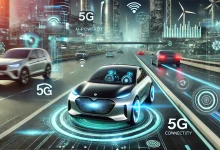 "A futuristic smart car driving on a high-tech highway with AI-powered navigation and 5G connectivity, featuring advanced sensors and an interactive digital dashboard. The background showcases a futuristic cityscape with automated traffic systems and green energy solutions."