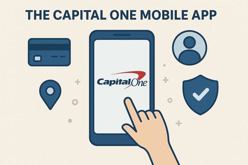 A flat-style digital illustration promoting the Capital One Mobile App. A large smartphone displays the Capital One logo, surrounded by icons representing banking features, with a human hand interacting with the screen. The color scheme includes beige, dark blue, and red for a clean, modern look.