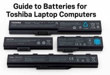 Four Toshiba laptop batteries displayed horizontally on a white background, each labeled with key specifications such as model number, voltage, and safety warnings. The title “Guide to Batteries for Toshiba Laptop Computers” is positioned above, with well-balanced lighting and clear details highlighting connector positions and certification symbols.