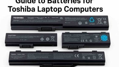 Four Toshiba laptop batteries displayed horizontally on a white background, each labeled with key specifications such as model number, voltage, and safety warnings. The title “Guide to Batteries for Toshiba Laptop Computers” is positioned above, with well-balanced lighting and clear details highlighting connector positions and certification symbols.